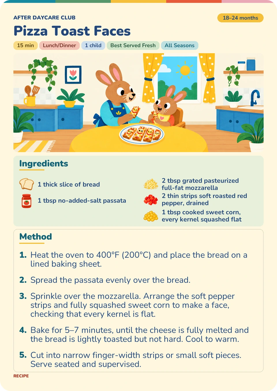 Pizza Toast Faces recipe card from the free sample pack for ages 18–24 months