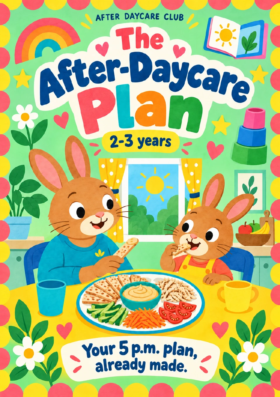 The illustrated After-Daycare Plan cover for ages 2–3 years, with a rabbit family sharing dinner