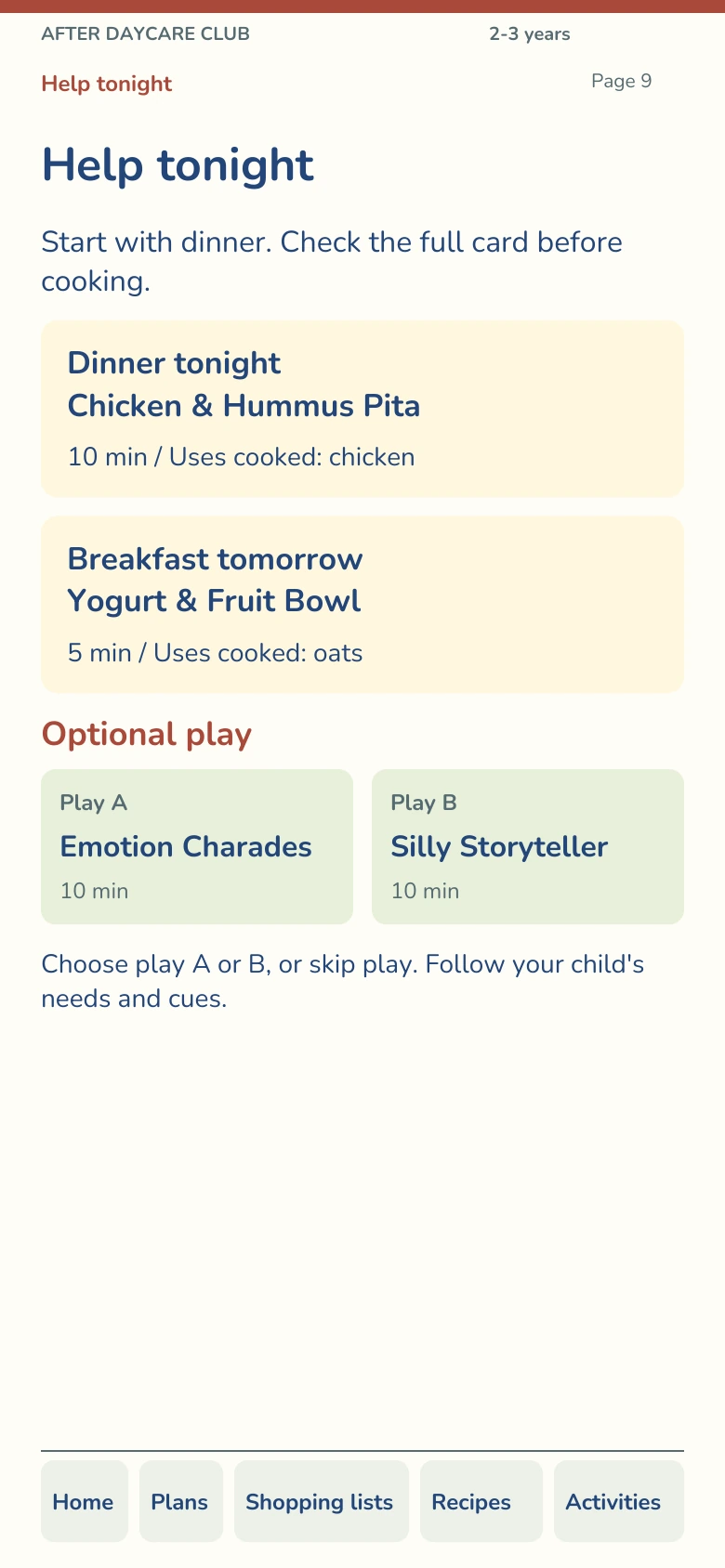 The phone PDF’s Help tonight page, with dinner, tomorrow’s breakfast, optional play and navigation links